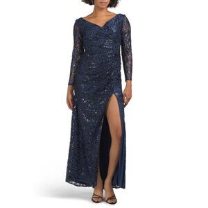 MAC DUGGAL Midnight Long Sleeve Embellished Gown